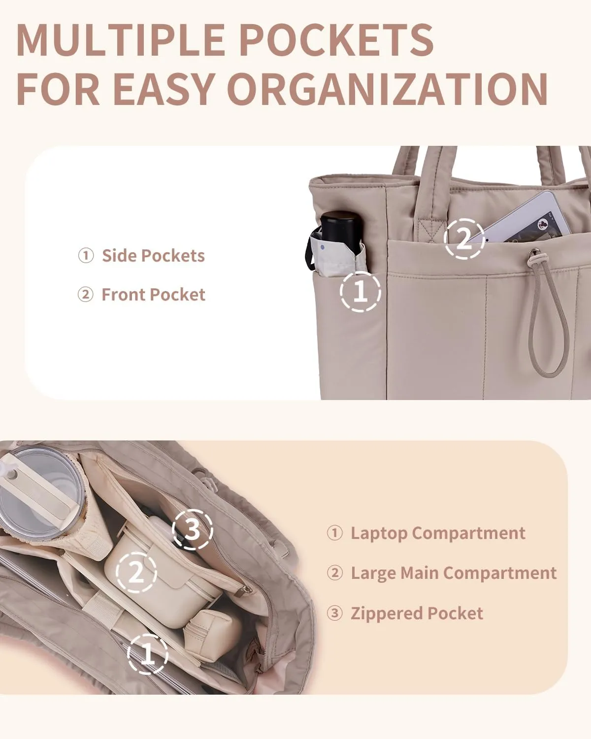 Wandering Nature Tote Bag for Women with Water Bottle Pocket Fit for Stanley Cup, Puffer Carry On Tote with Laptop Compartment and Trolley Sleeve for Work, Nurse, College, Travel