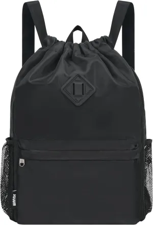 WANDF Drawstring Backpack Sports Gym Bag with Shoes Compartment, Water-Resistant String Backpack Cinch for Women Men (Large,Black)