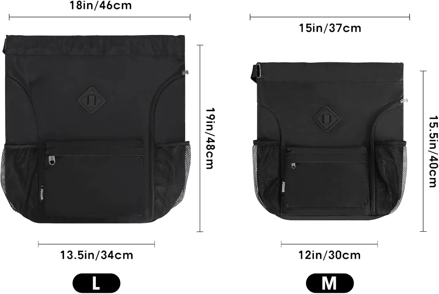 WANDF Drawstring Backpack Sports Gym Bag with Shoes Compartment, Water-Resistant String Backpack Cinch for Women Men (Large,Black)