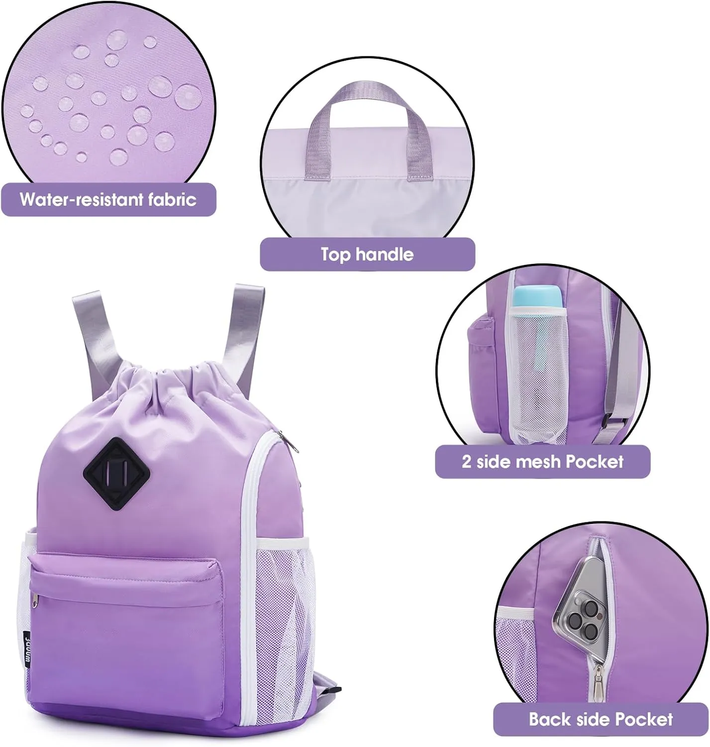 WANDF Drawstring Backpack Sports Gym Bag with Shoes Compartment, Water-Resistant String Backpack Cinch for Women Men (Small,Purple Gradient)