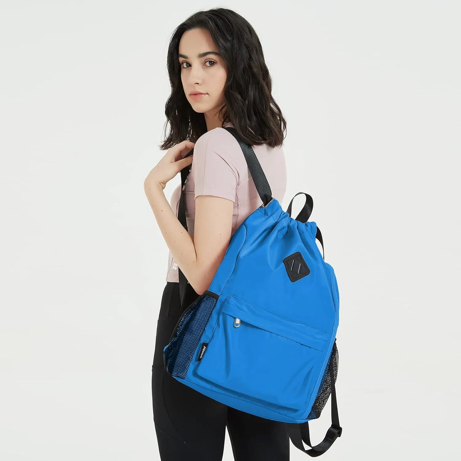 WANDF Drawstring Backpack Sports Gym Bag with Shoes Compartment, Water-Resistant String Backpack Cinch for Women Men(Large,Dark blue)