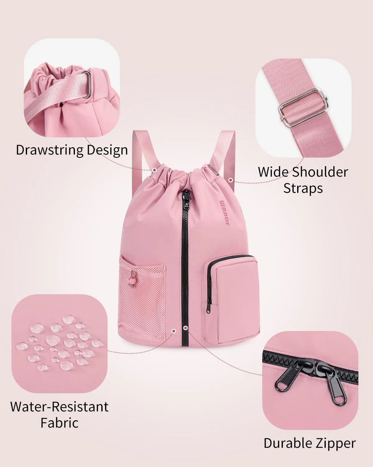 WANDF Drawstring Backpack Sports Gym Bag with Shoes Compartment, Water-Resistant String Beach Sackpack Swim Bag for Women and Men (Pink)