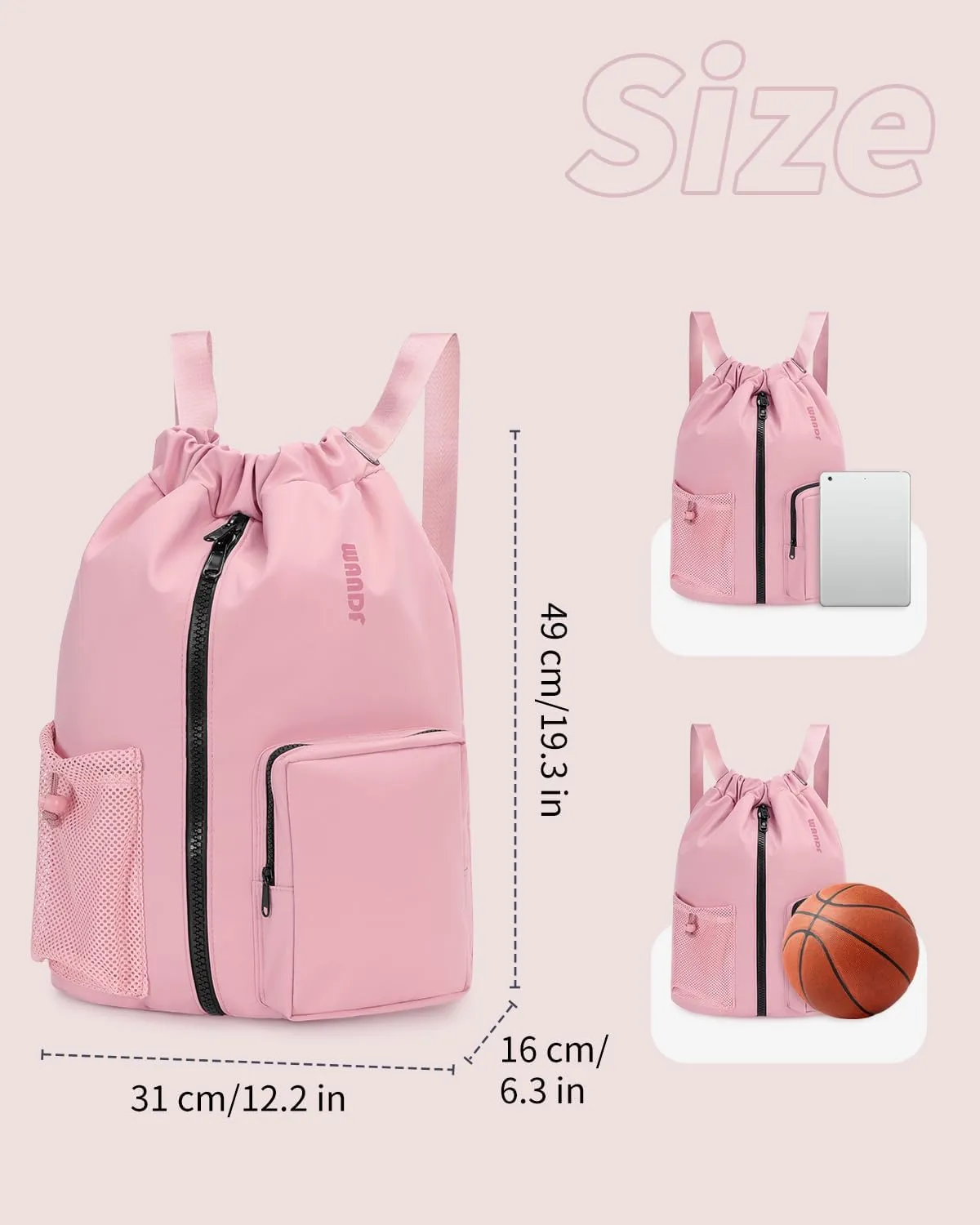 WANDF Drawstring Backpack Sports Gym Bag with Shoes Compartment, Water-Resistant String Beach Sackpack Swim Bag for Women and Men (Pink)