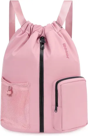 WANDF Drawstring Backpack Sports Gym Bag with Shoes Compartment, Water-Resistant String Beach Sackpack Swim Bag for Women and Men (Pink)