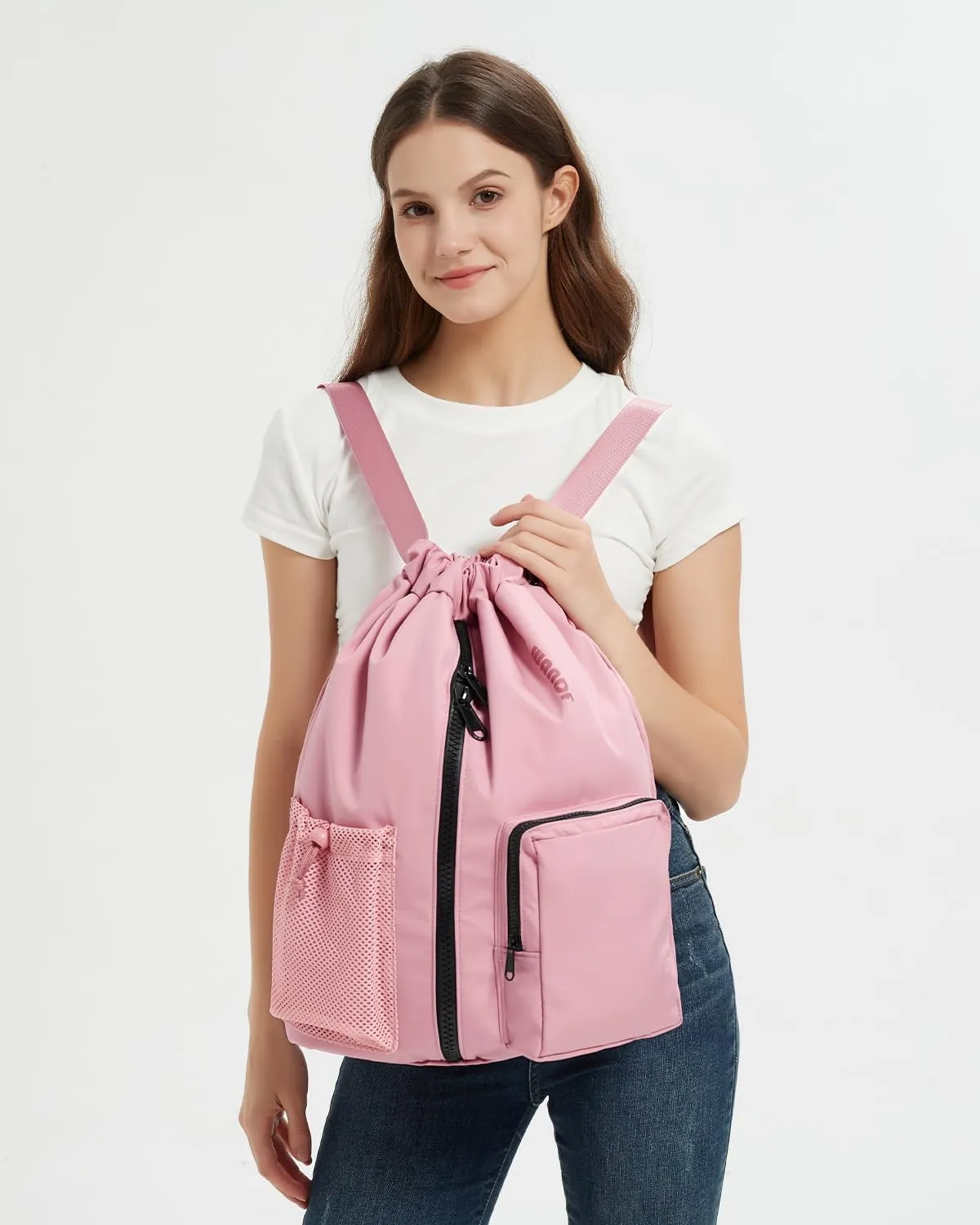 WANDF Drawstring Backpack Sports Gym Bag with Shoes Compartment, Water-Resistant String Beach Sackpack Swim Bag for Women and Men (Pink)