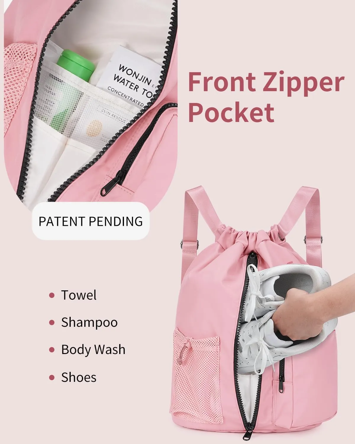 WANDF Drawstring Backpack Sports Gym Bag with Shoes Compartment, Water-Resistant String Beach Sackpack Swim Bag for Women and Men (Pink)