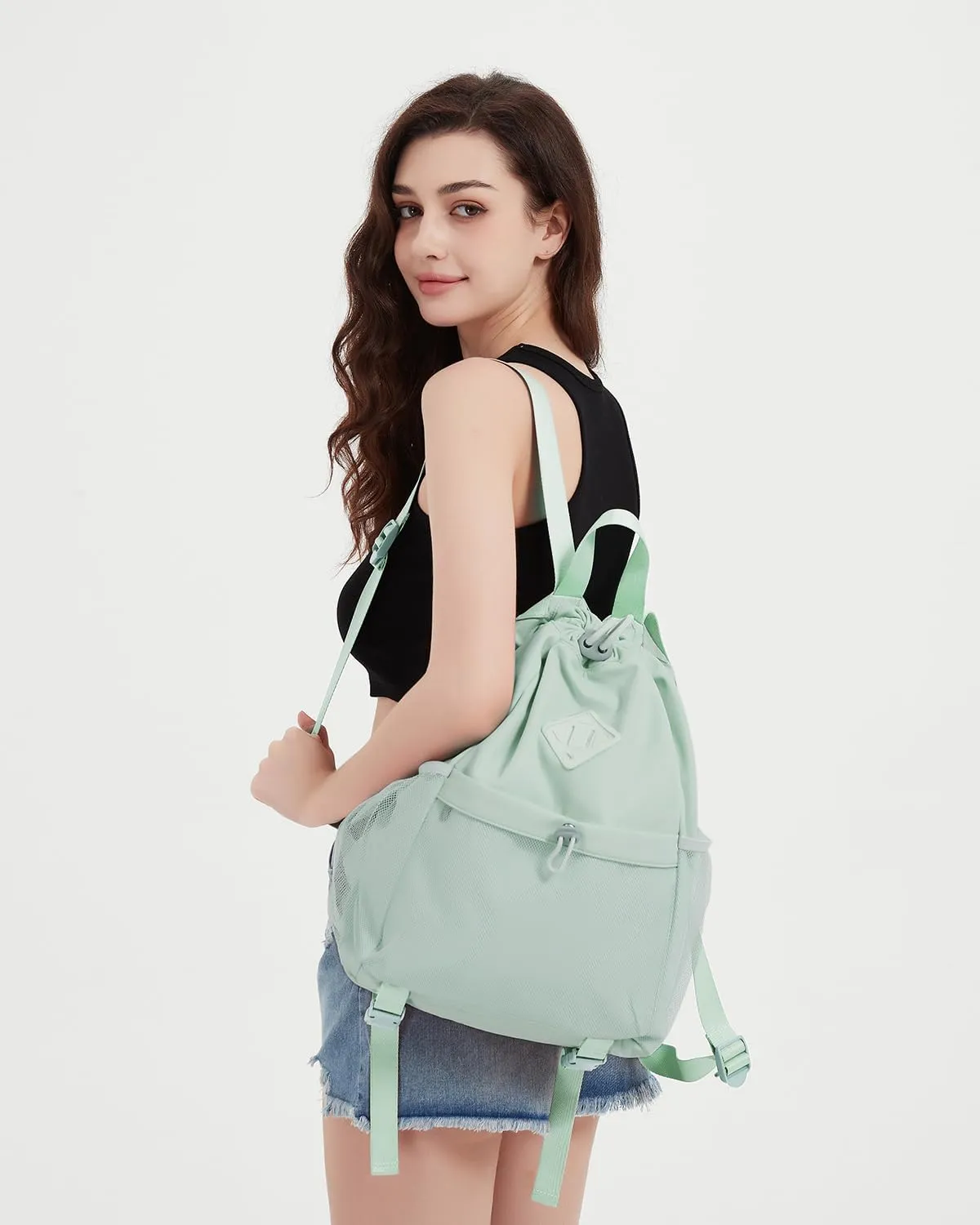 WANDF Drawstring Backpack Sports Gym Bag with Yoga Mat Strap, Water-Resistant String Backpack Cinch Bag with Mesh Pocket for Women Men (Mint Green, Patent Pending)