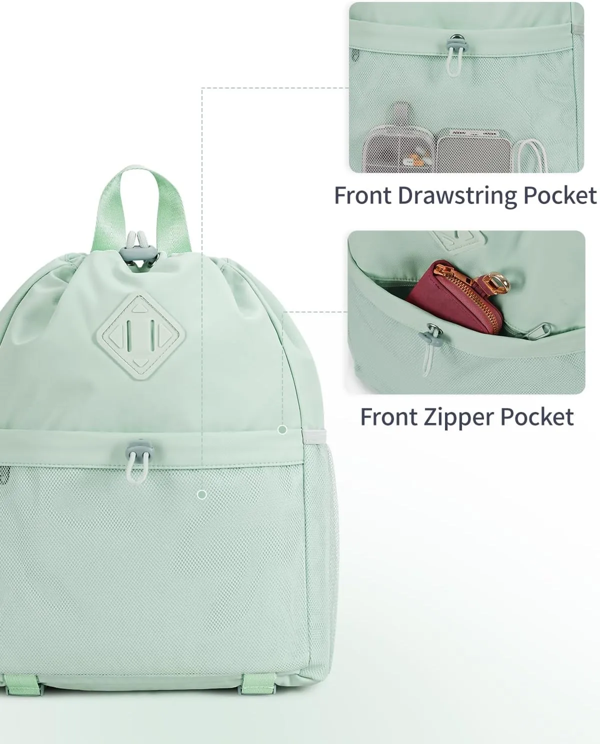 WANDF Drawstring Backpack Sports Gym Bag with Yoga Mat Strap, Water-Resistant String Backpack Cinch Bag with Mesh Pocket for Women Men (Mint Green, Patent Pending)