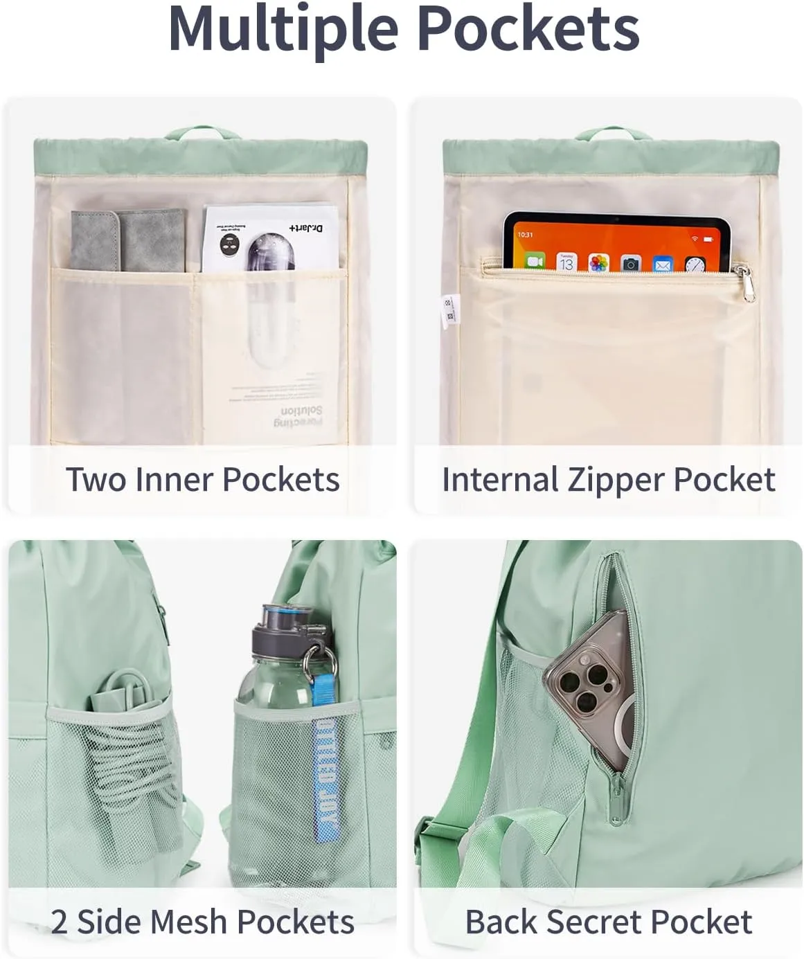WANDF Drawstring Backpack Sports Gym Bag with Yoga Mat Strap, Water-Resistant String Backpack Cinch Bag with Mesh Pocket for Women Men (Mint Green, Patent Pending)