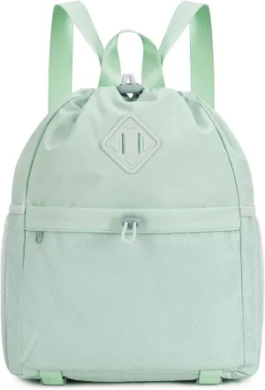 WANDF Drawstring Backpack Sports Gym Bag with Yoga Mat Strap, Water-Resistant String Backpack Cinch Bag with Mesh Pocket for Women Men (Mint Green, Patent Pending)