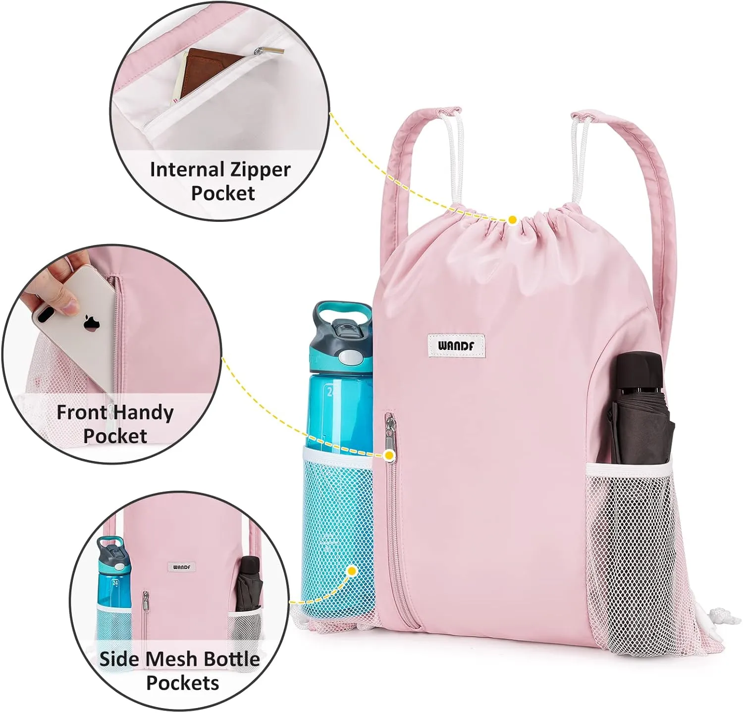 WANDF Drawstring Backpack with Shoulder Pad Sports Gym Backpack with Mesh Pocket String Bag for Women Men(Pink)