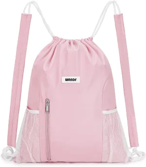 WANDF Drawstring Backpack with Shoulder Pad Sports Gym Backpack with Mesh Pocket String Bag for Women Men(Pink)