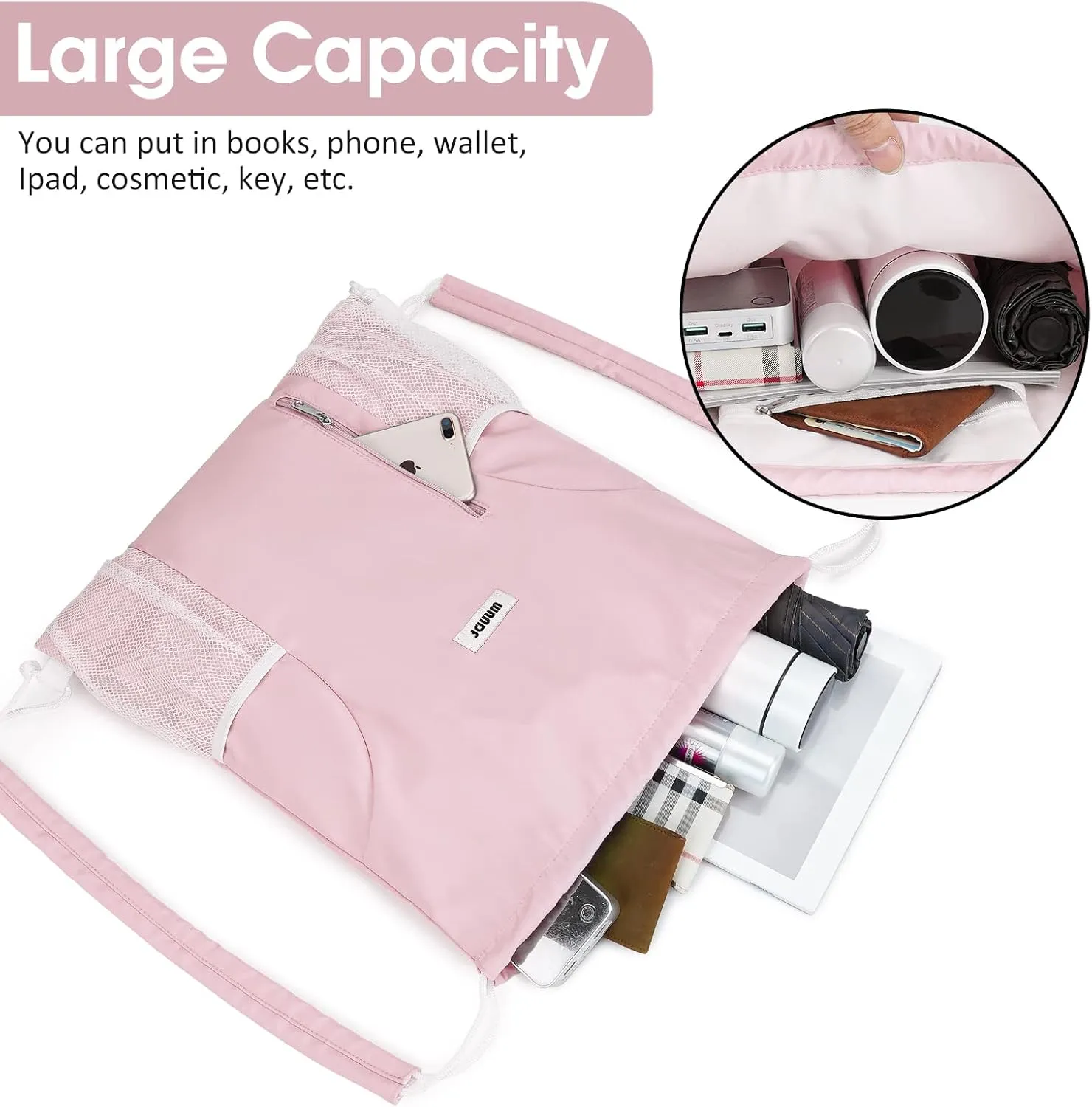 WANDF Drawstring Backpack with Shoulder Pad Sports Gym Backpack with Mesh Pocket String Bag for Women Men(Pink)