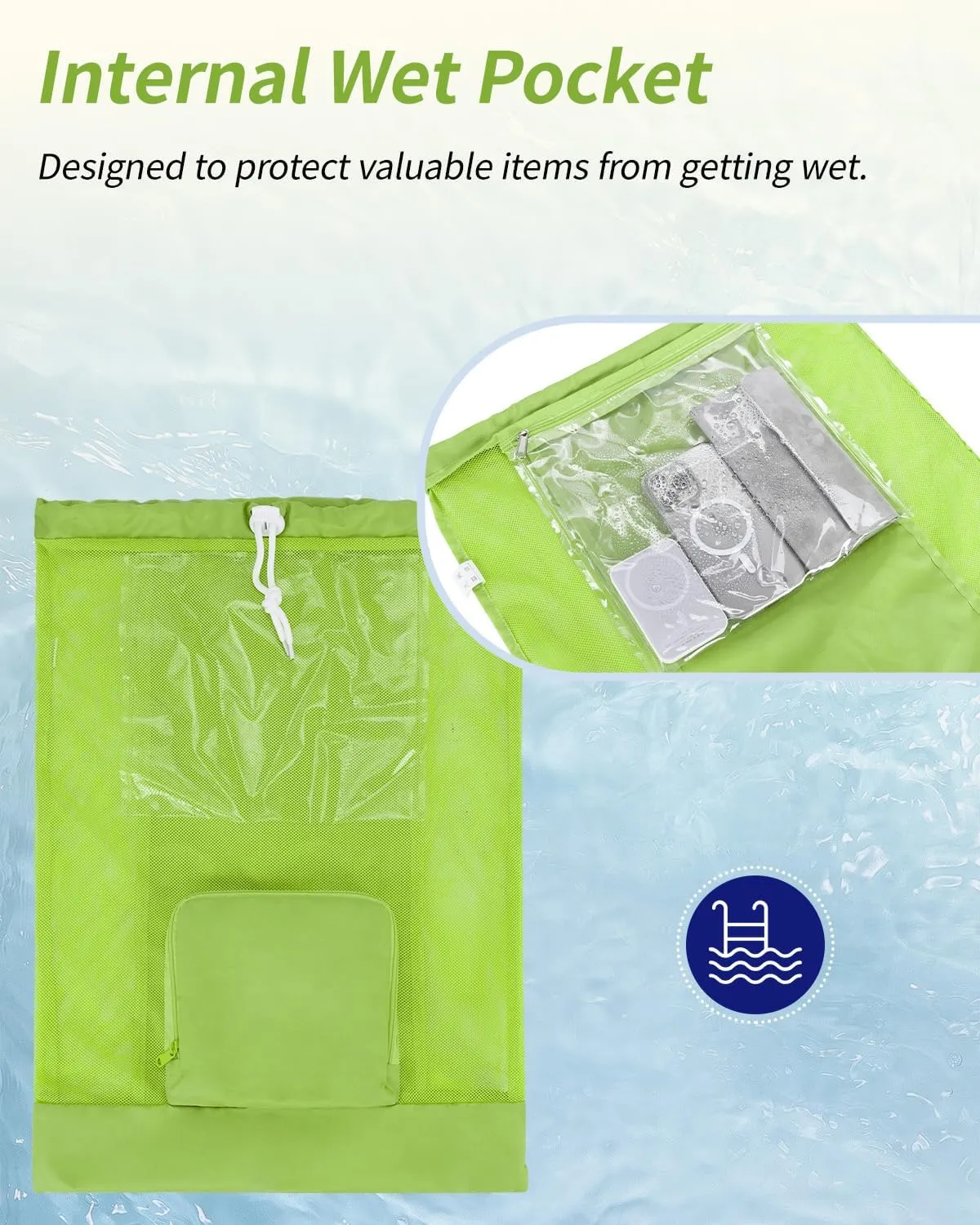WANDF Swim Bag Foldable Mesh Drawstring Bag with Quick-dry Shoulder Strap Beach Backpack with Wet Pocket for Swimming, Gym, and Workout Gear (Green Patent Pending)