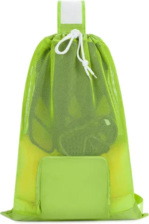 WANDF Swim Bag Foldable Mesh Drawstring Bag with Quick-dry Shoulder Strap Beach Backpack with Wet Pocket for Swimming, Gym, and Workout Gear (Green Patent Pending)