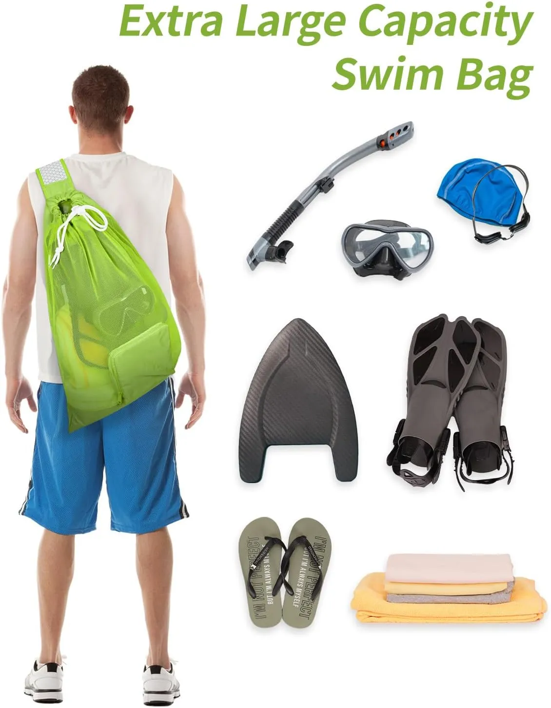 WANDF Swim Bag Foldable Mesh Drawstring Bag with Quick-dry Shoulder Strap Beach Backpack with Wet Pocket for Swimming, Gym, and Workout Gear (Green Patent Pending)