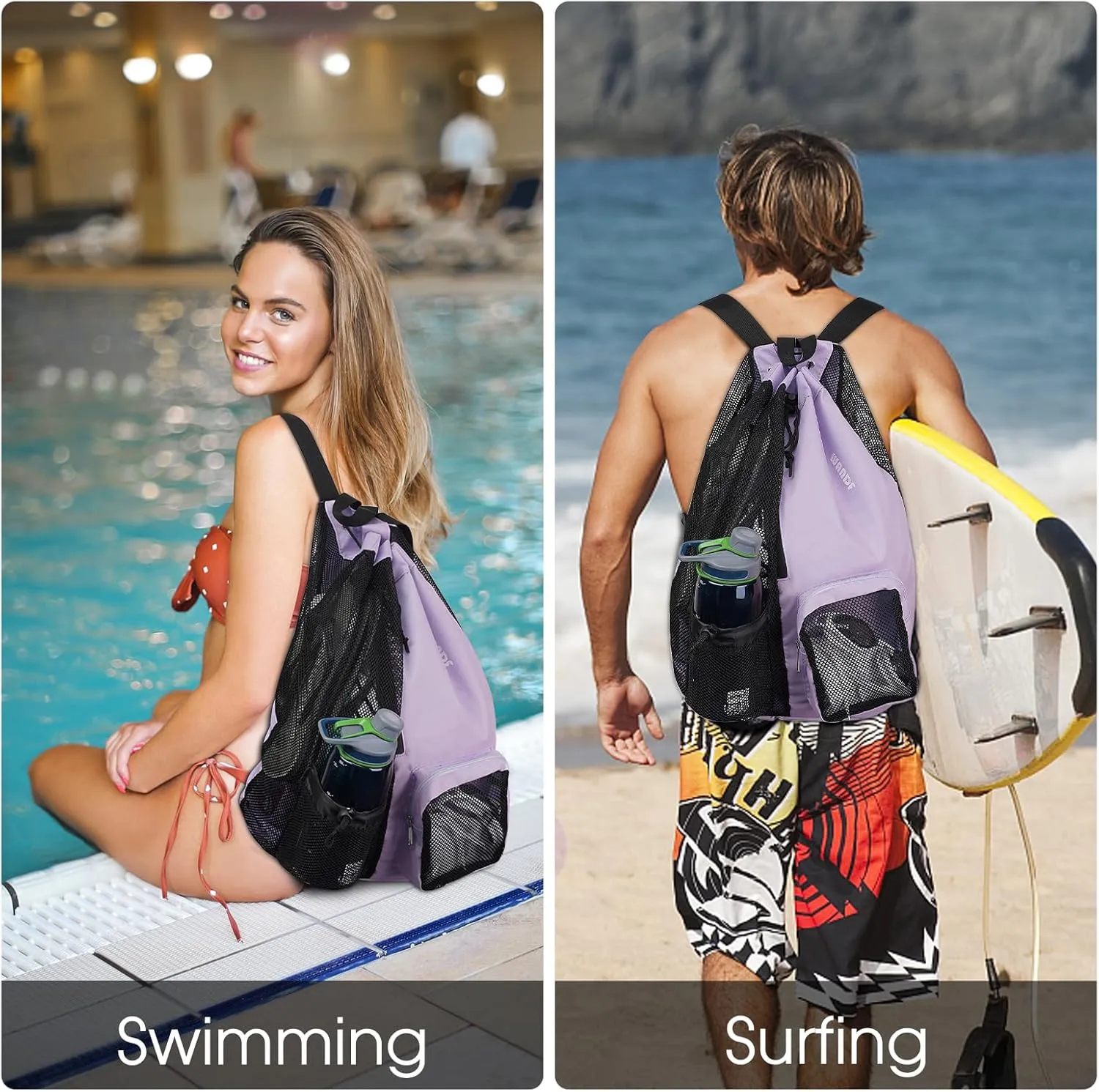 WANDF Swim Bag Mesh Drawstring Backpack with Wet Pocket for Swimming, Gym, and Workout Gear