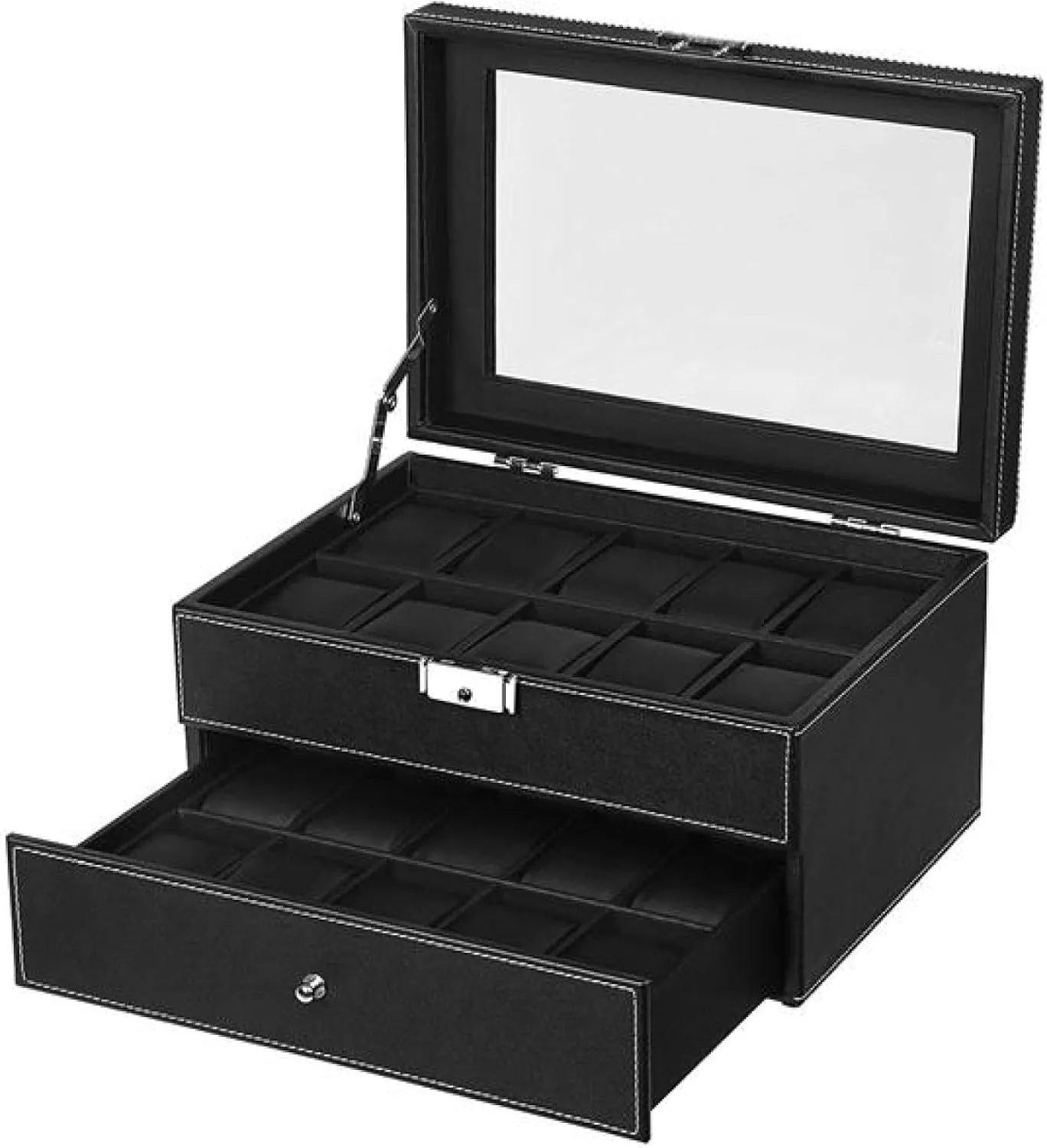 Watch Box 20 Men's Case Glass Top Display Rack Lockable Black