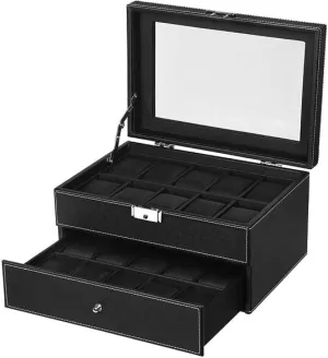 Watch Box 20 Men's Case Glass Top Display Rack Lockable Black