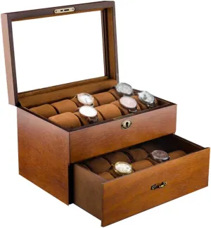Watch Box - Glass Lid 20 Slots Watch Jewellery Display Storage Box Case Bracelet Tray Showcase Organizer Soft Pillows and Lockable Metal Lock