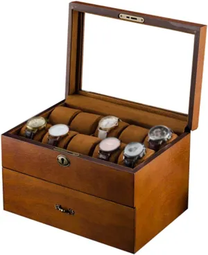 Watch Box - Glass Lid 20 Slots Wristwatches Jewellery Display Storage Case Bracelet Tray Showcase Organizer Soft Pillows and Lockable Metal Lock