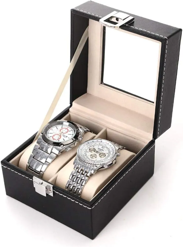 Watch Box Removable Padded 2 Compartment Display Storage Box with Lid Transparent Window Jewelry Display Box for Men and Women