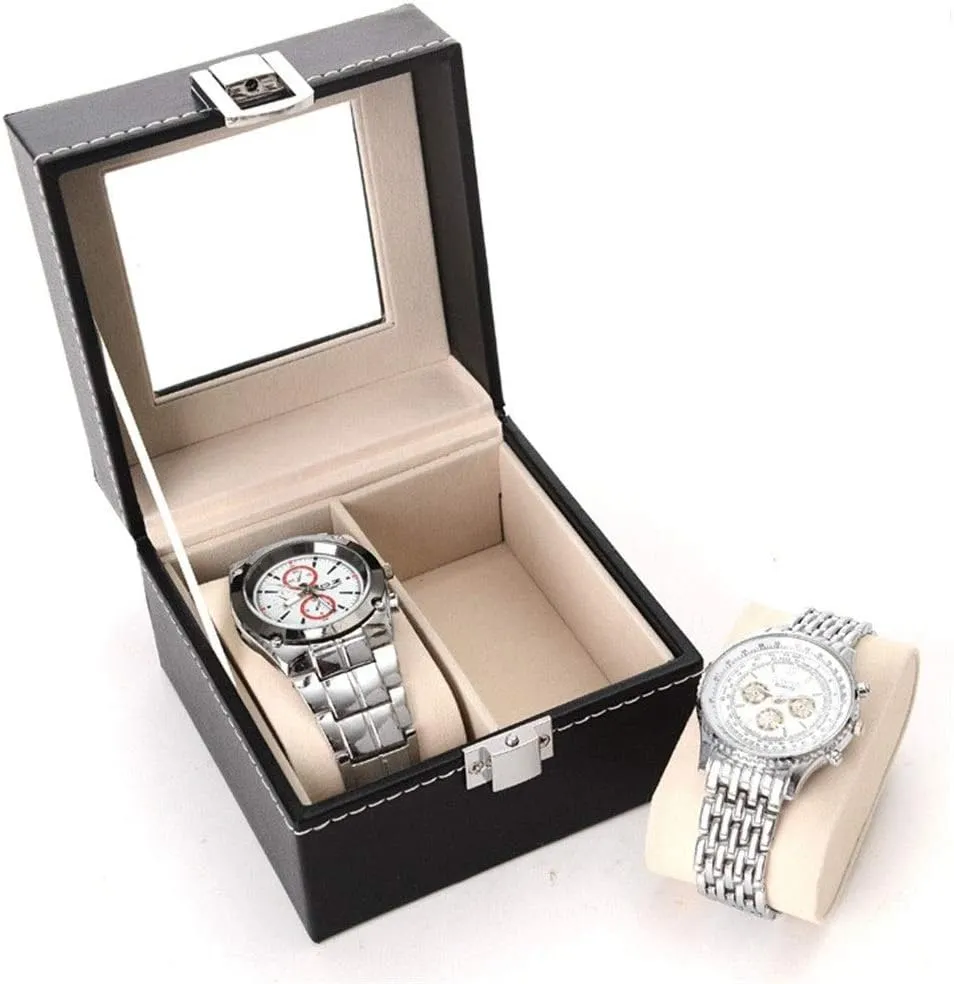 Watch Box Removable Padded 2 Compartment Display Storage Box with Lid Transparent Window Jewelry Display Box for Men and Women