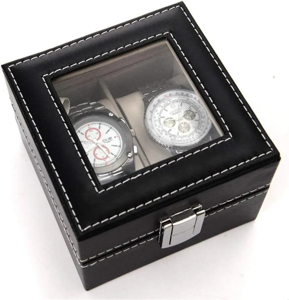 Watch Box Removable Padded 2 Compartment Display Storage Box with Lid Transparent Window Jewelry Display Box for Men and Women
