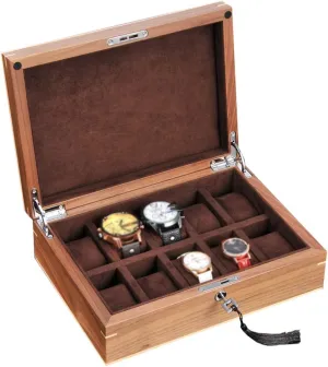 Watch Box Wooden for Men Women 10 Slots Jewelry Bracelet Display Storage Case with Glass Lid and Lockable Metal Lock