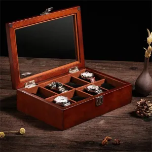 Watch Box Wooden Men's/Women's 8 Compartments with Glass Lid Lockable Jewelry Bracelet Series Display Decorations, Brown