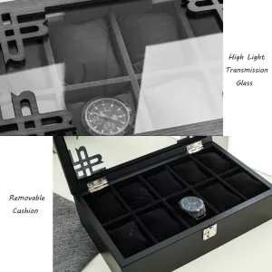 Watch Display Box Wooden Jewellery Storage Box Case Glass Lid Bracelet Tray Lockable Metal Buckle(Color:Black)