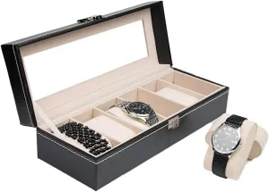 Watch Storage Box PU Watch Display Storage Box Case Soft Felted Interior Safety Belt Lockable Metal Buckle Transparent Glass Window Watch Counter Display Window Storage Watch Display Storage Box