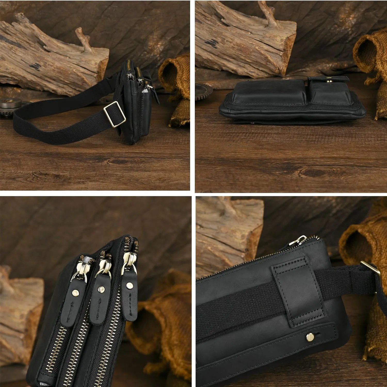 Water Resistant Canvas   Leather Hiking Riding Travel Fanny Waist Pack Small Phone Pouch For Men Women FB811-29 (100% Leather-Thick Black)