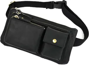Water Resistant Canvas   Leather Hiking Riding Travel Fanny Waist Pack Small Phone Pouch For Men Women FB811-29 (100% Leather-Thick Black)