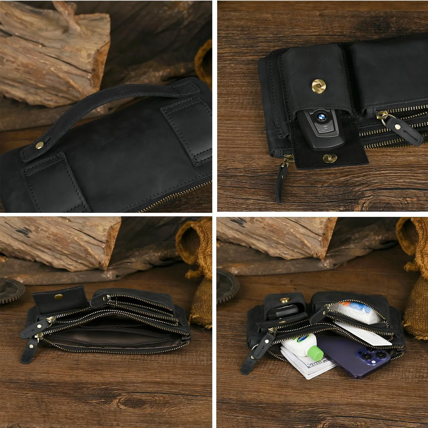 Water Resistant Canvas   Leather Hiking Riding Travel Fanny Waist Pack Small Phone Pouch For Men Women FB811-29 (100% Leather-Thick Black)