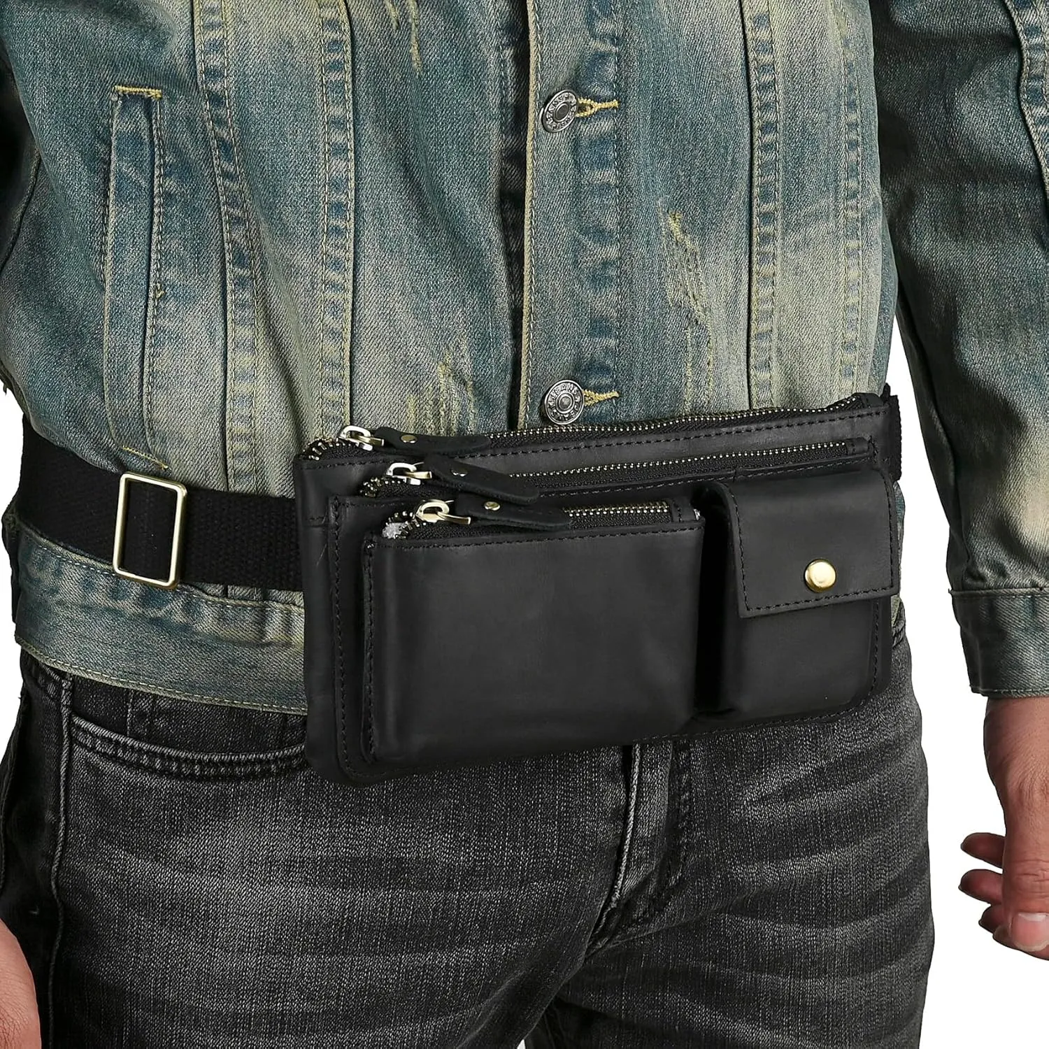 Water Resistant Canvas   Leather Hiking Riding Travel Fanny Waist Pack Small Phone Pouch For Men Women FB811-29 (100% Leather-Thick Black)