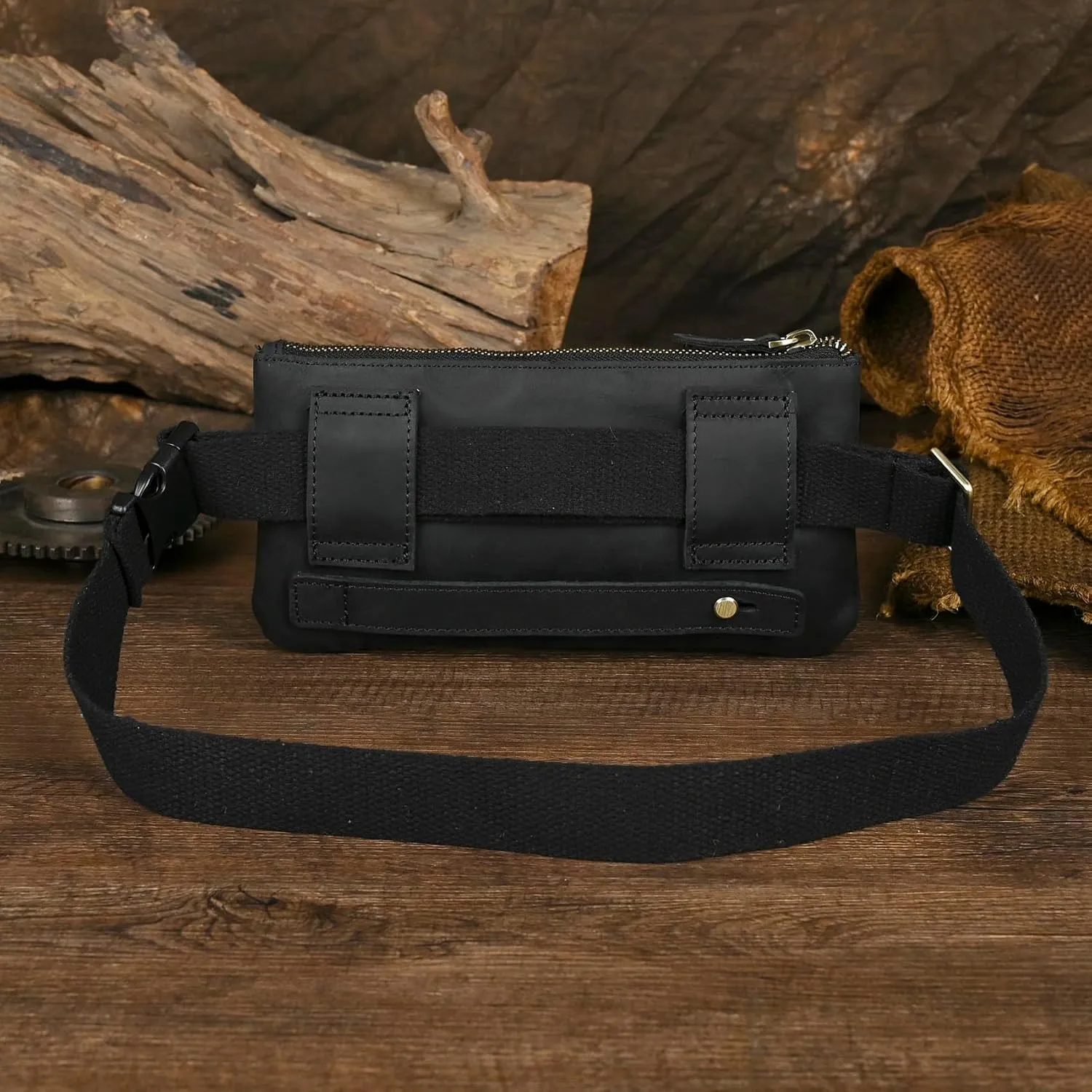 Water Resistant Canvas   Leather Hiking Riding Travel Fanny Waist Pack Small Phone Pouch For Men Women FB811-29 (100% Leather-Thick Black)