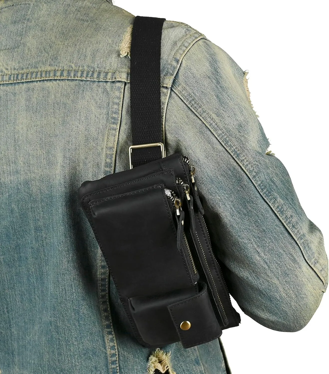 Water Resistant Canvas   Leather Hiking Riding Travel Fanny Waist Pack Small Phone Pouch For Men Women FB811-29 (100% Leather-Thick Black)