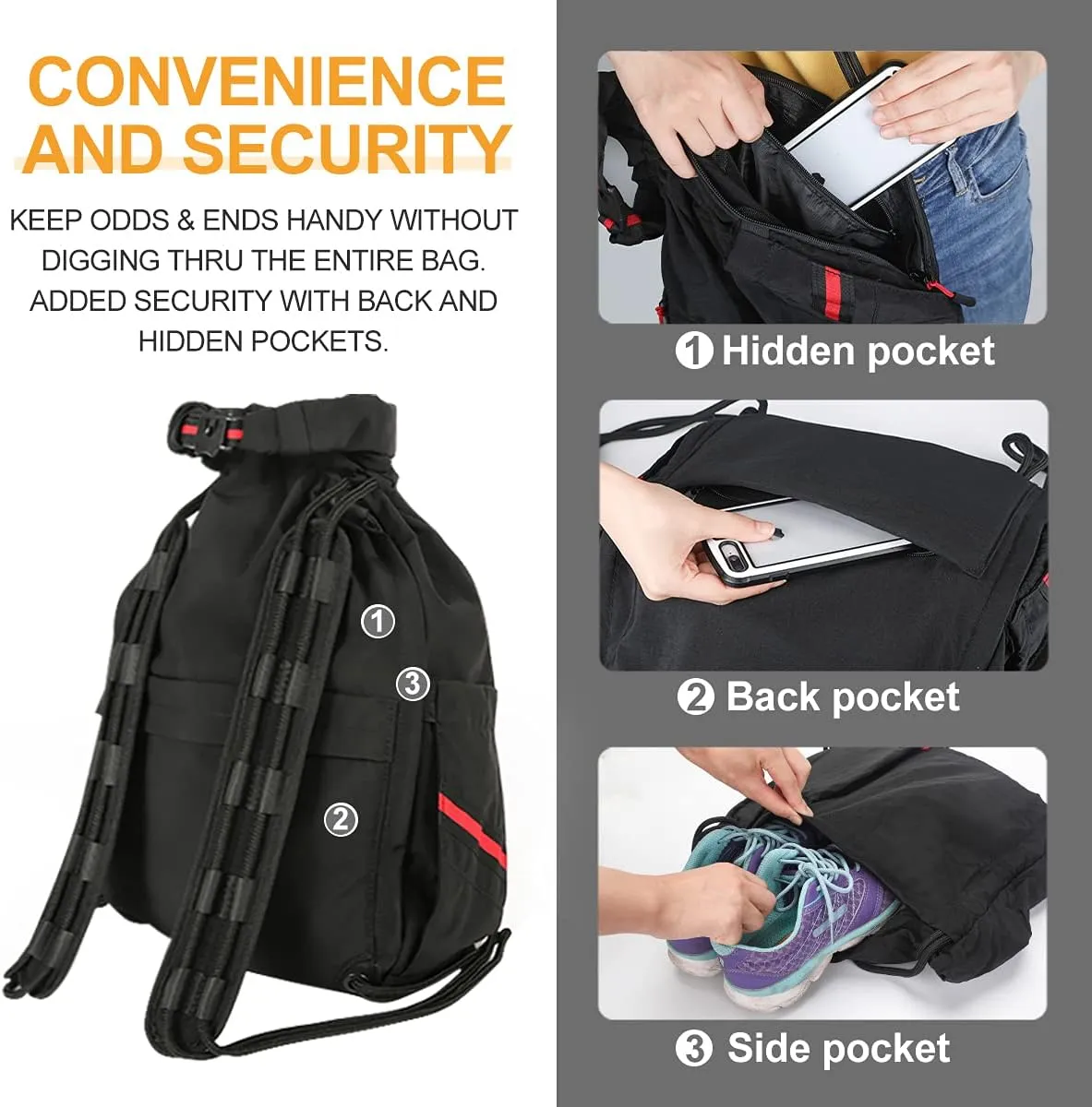 Water-Resistant Drawstring Bag - Expandable 30L with Anti-Theft Zipper Pockets - Ideal Small Cinch Backpack for Men, Women, and Kids - Perfect Gym, Beach, School, and Travel Bag (Black)