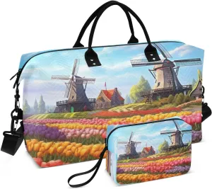 Watercolor Flowers Windmill Tulip Sports Gym Bag for Women Men Travel Duffel Bag Weekend Overnight Carry on Bag with Toiletry Bag Yoga Bag for Plane Hospital Swimming Yoga Workout