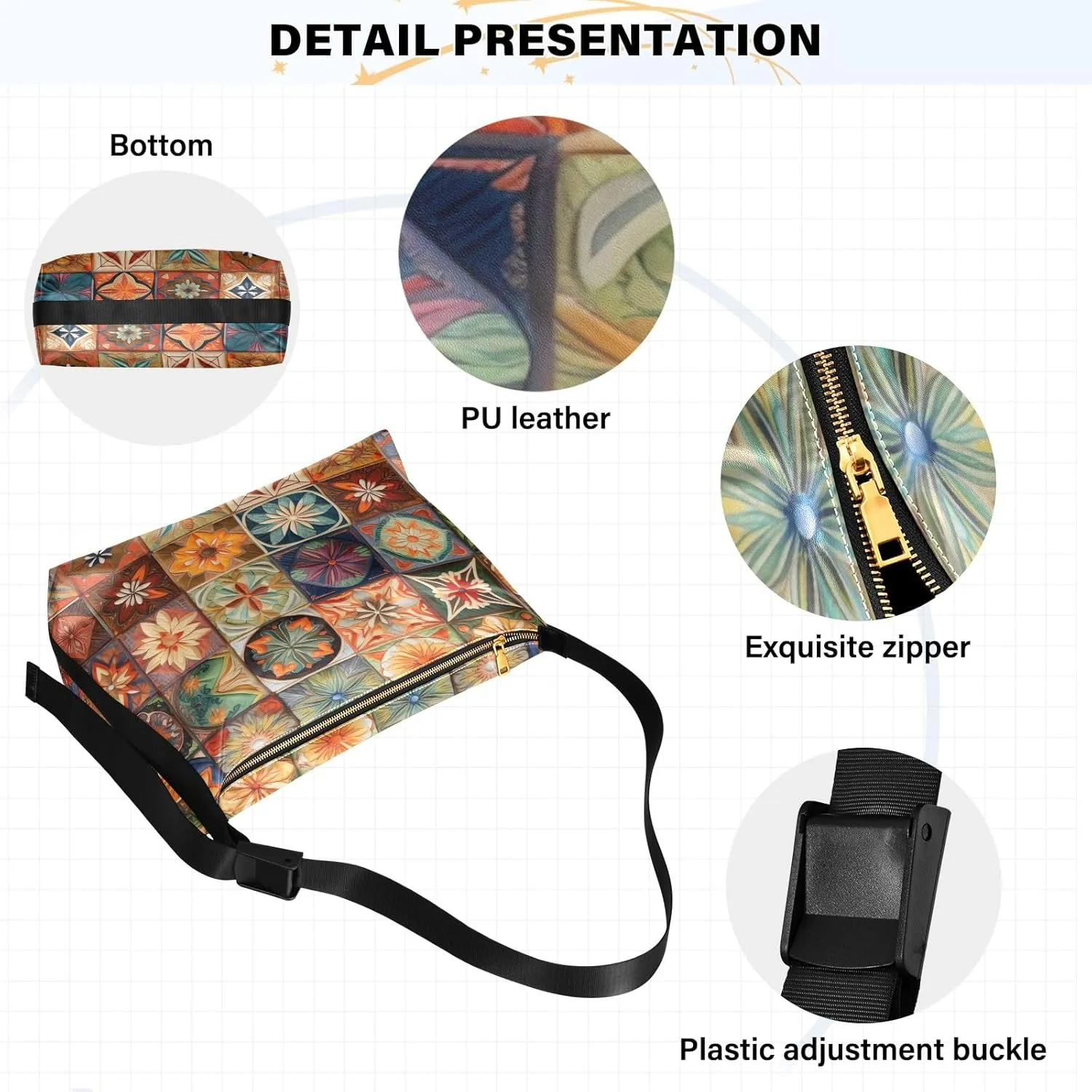 Watercolor Tree and Stars Leather Crossbody Bag, Lightweight Shoulder Hobo Bag, Lady Leather Bag