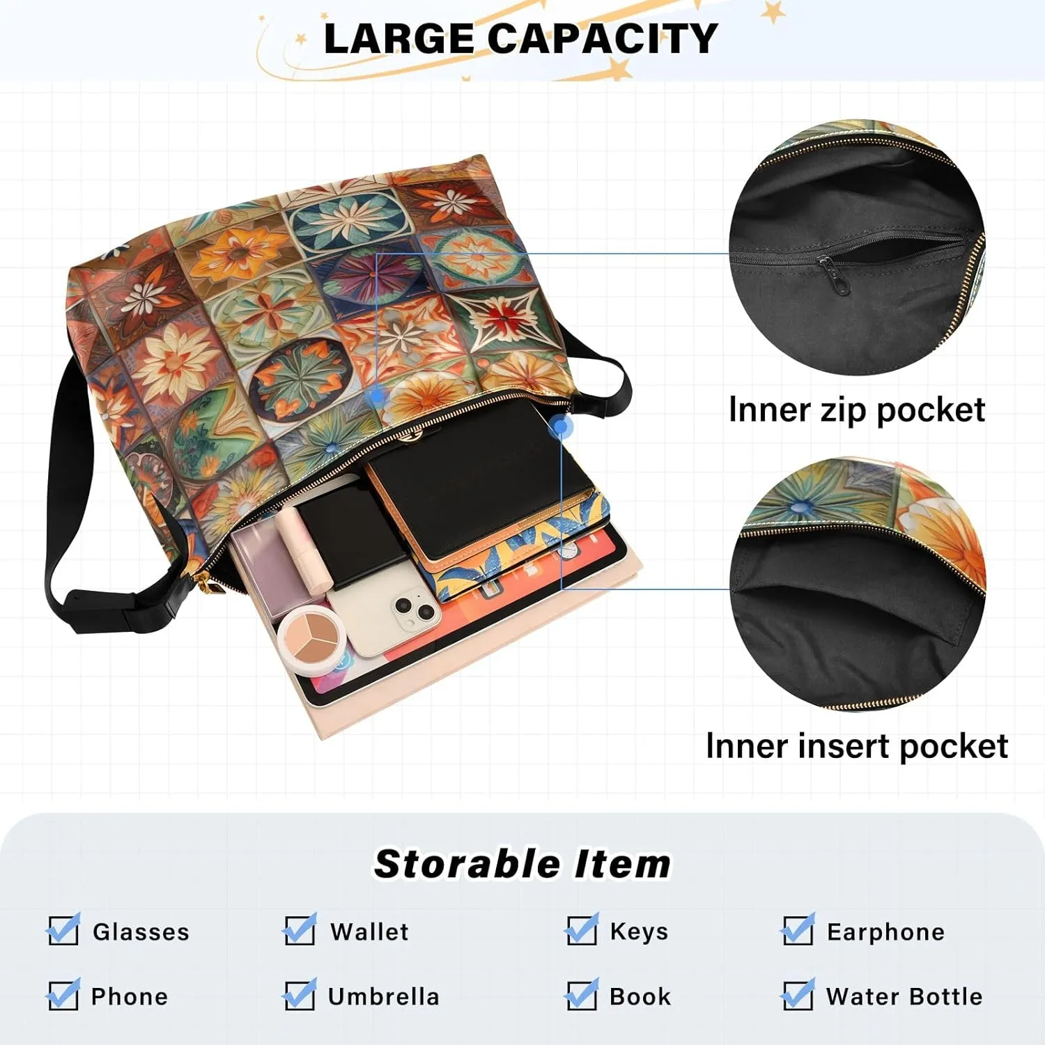 Watercolor Tree and Stars Leather Crossbody Bag, Lightweight Shoulder Hobo Bag, Lady Leather Bag