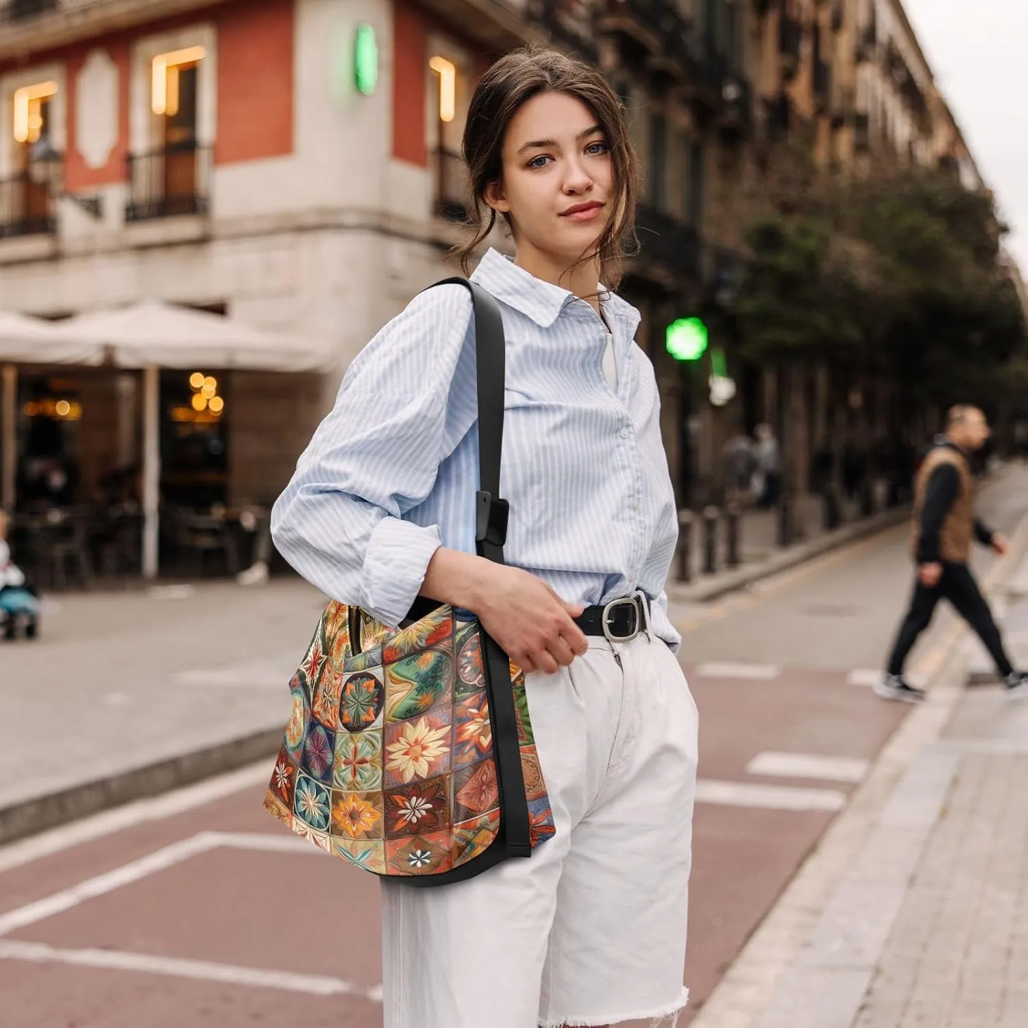 Watercolor Tree and Stars Leather Crossbody Bag, Lightweight Shoulder Hobo Bag, Lady Leather Bag