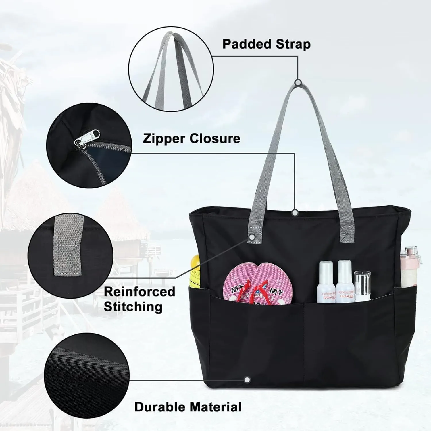 Waterproof Beach Tote Pool Bags for Women Ladies Extra Large Gym Tote Carry On Bag With Wet Compartment for Weekender Travel