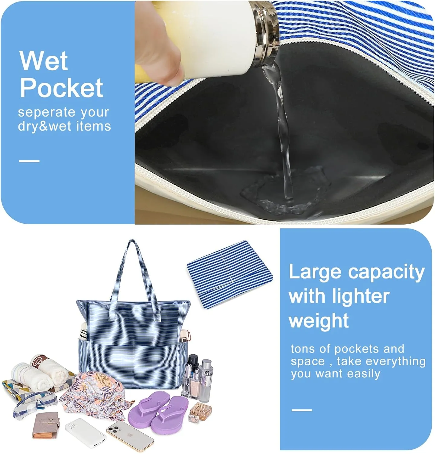 Waterproof Beach Tote Pool Bags for Women Ladies Extra Large Gym Tote Carry On Bag With Wet Compartment for Weekender Travel