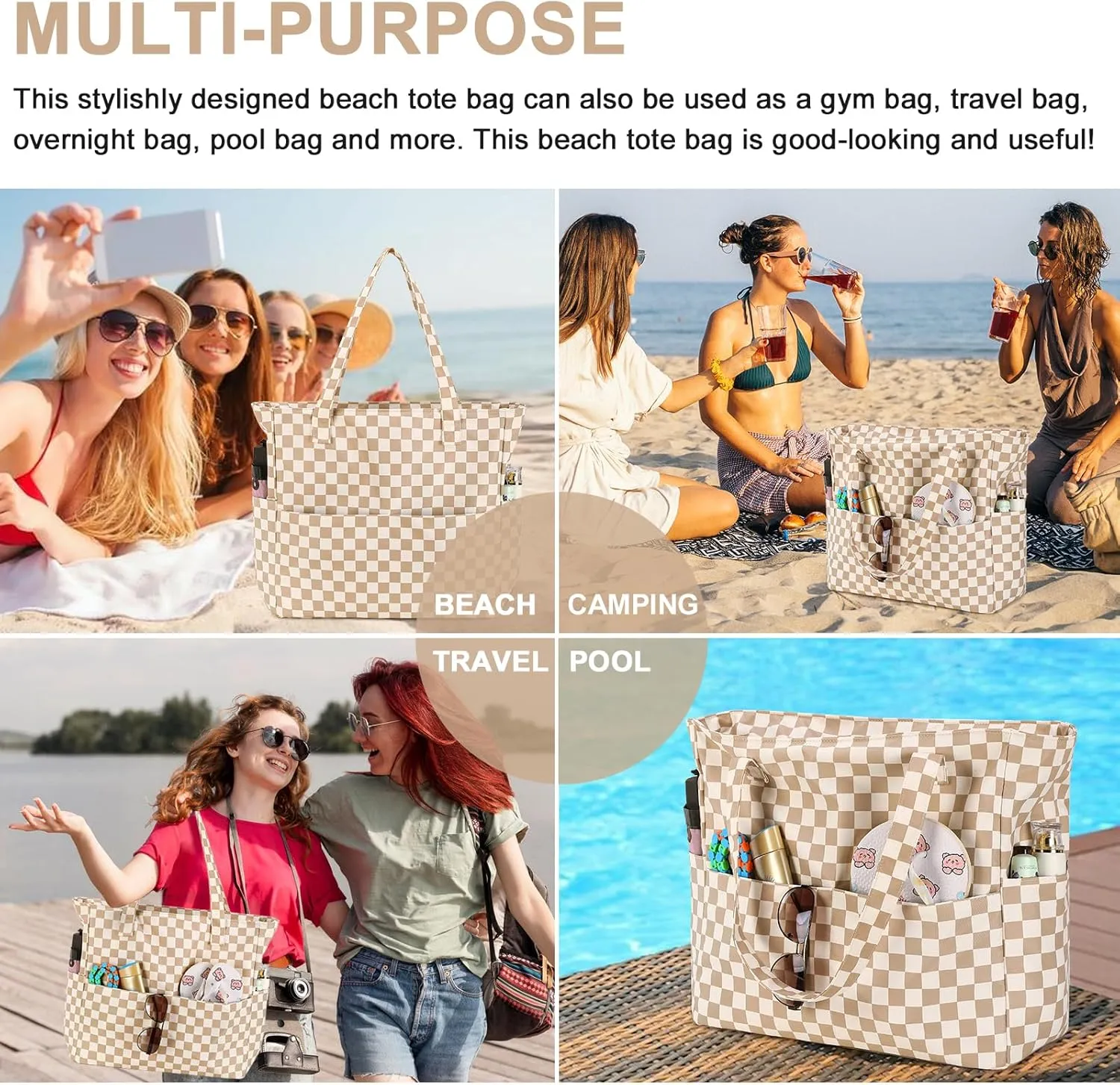 Waterproof Beach Tote Pool Bags for Women Ladies Extra Large Gym Tote Carry On Bag With Wet Compartment for Weekender Travel