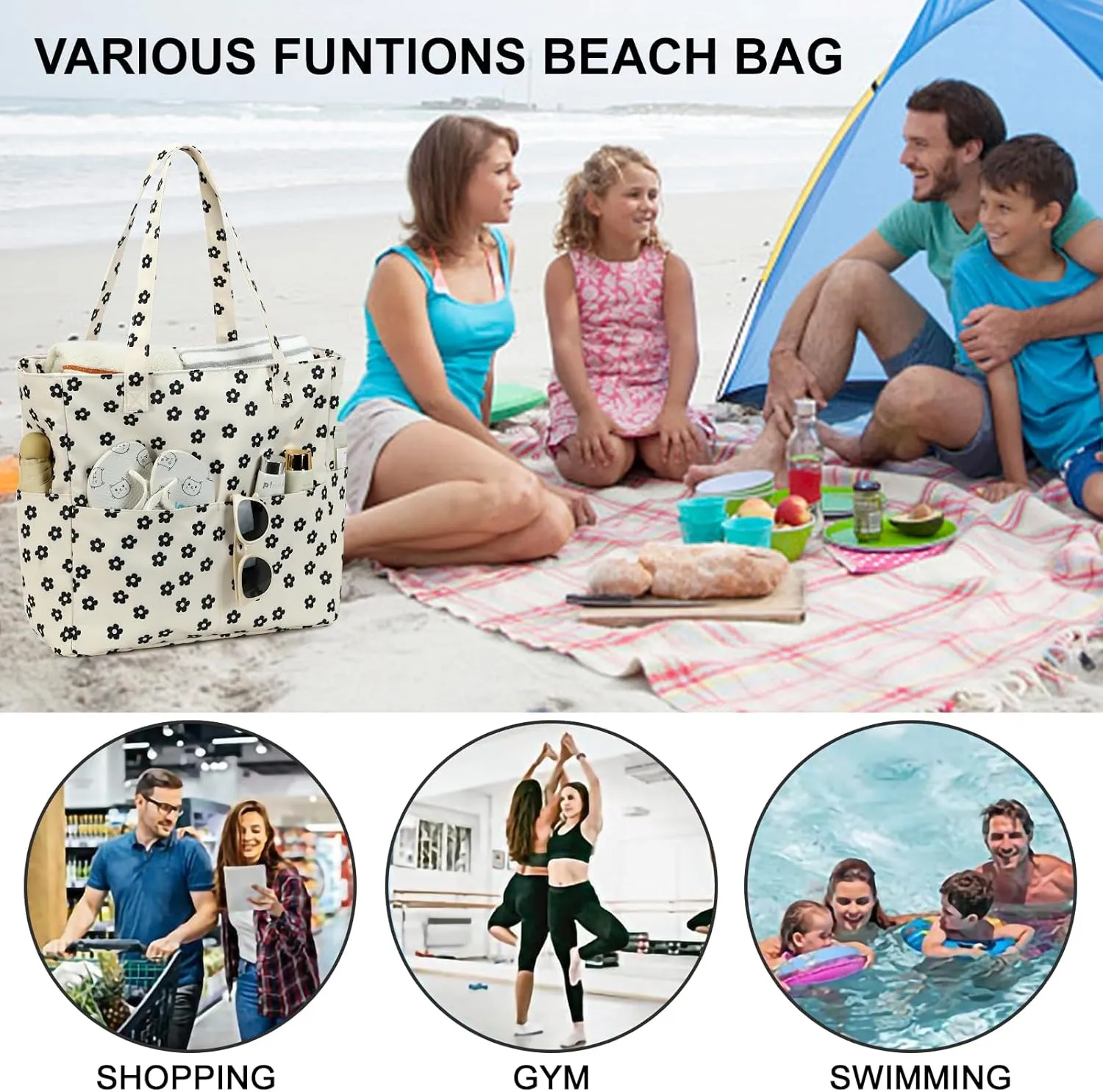 Waterproof Beach Tote Pool Bags for Women Ladies Extra Large Gym Tote Carry On Bag With Wet Compartment for Weekender Travel