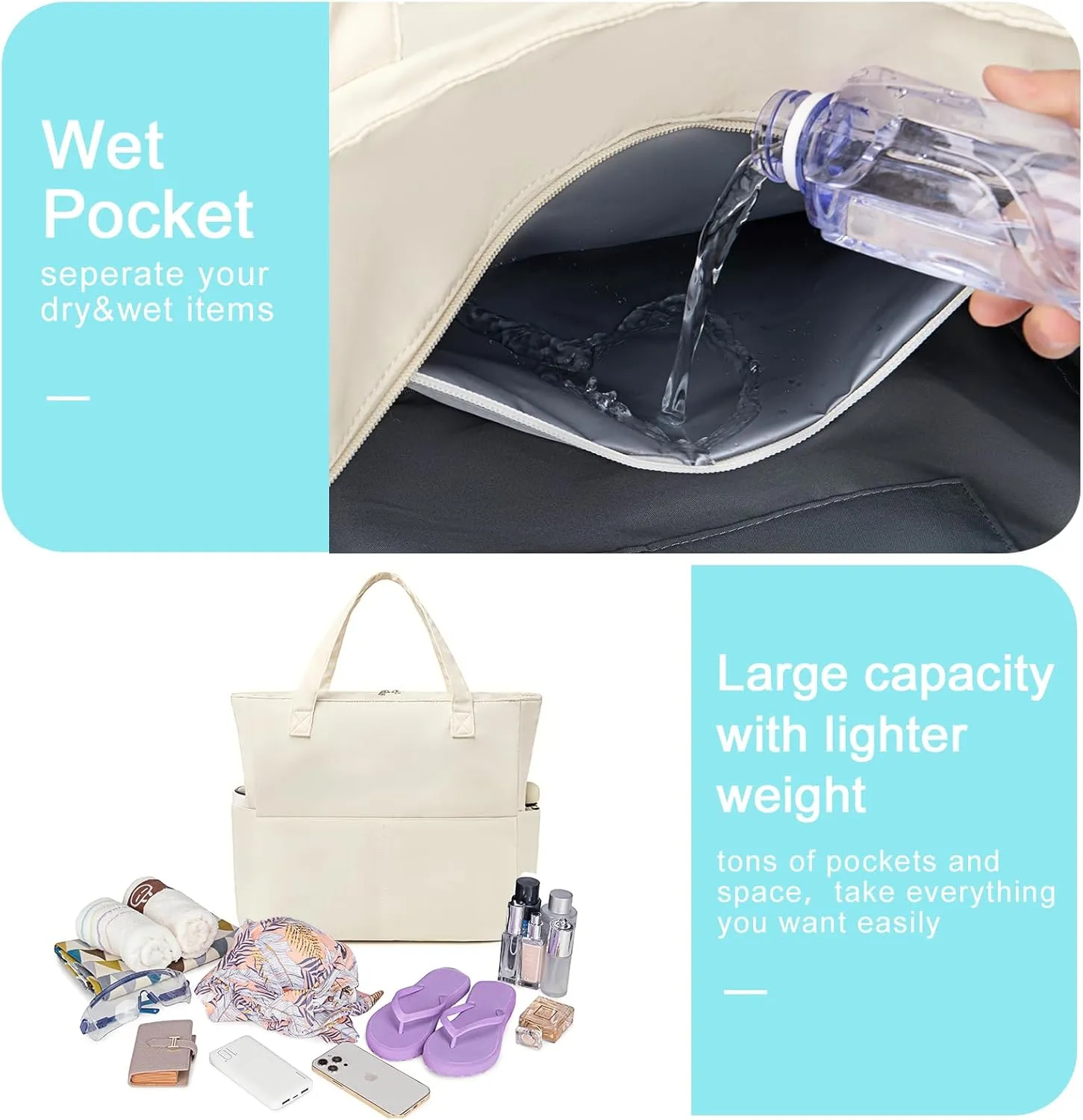 Waterproof Beach Tote Pool Bags for Women Ladies Extra Large Gym Tote Carry On Bag With Wet Compartment for Weekender Travel