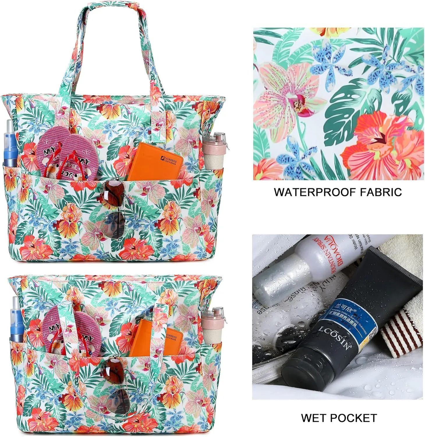Waterproof Beach Tote Pool Bags for Women Ladies Extra Large Gym Tote Carry On Bag With Wet Compartment for Weekender Travel