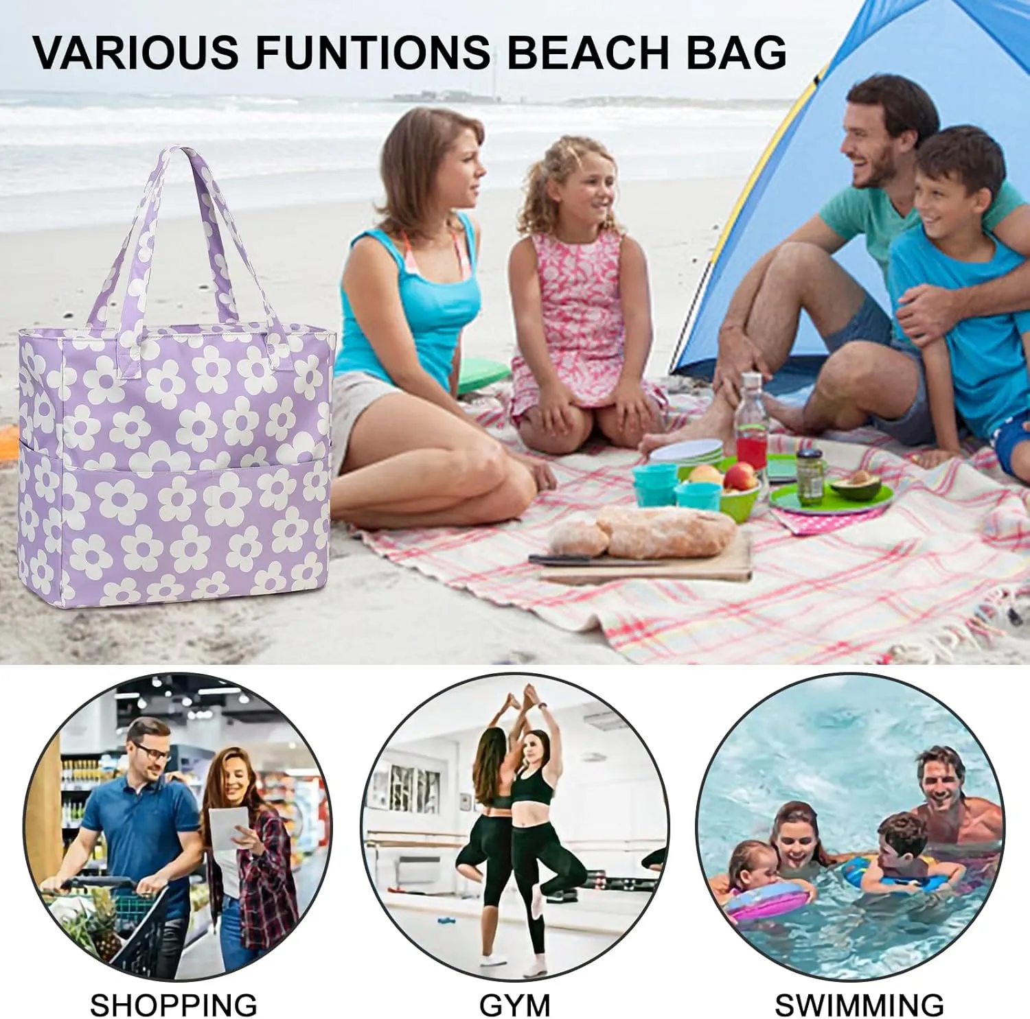 Waterproof Beach Tote Pool Bags for Women Ladies Extra Large Gym Tote Carry On Bag With Wet Compartment for Weekender Travel